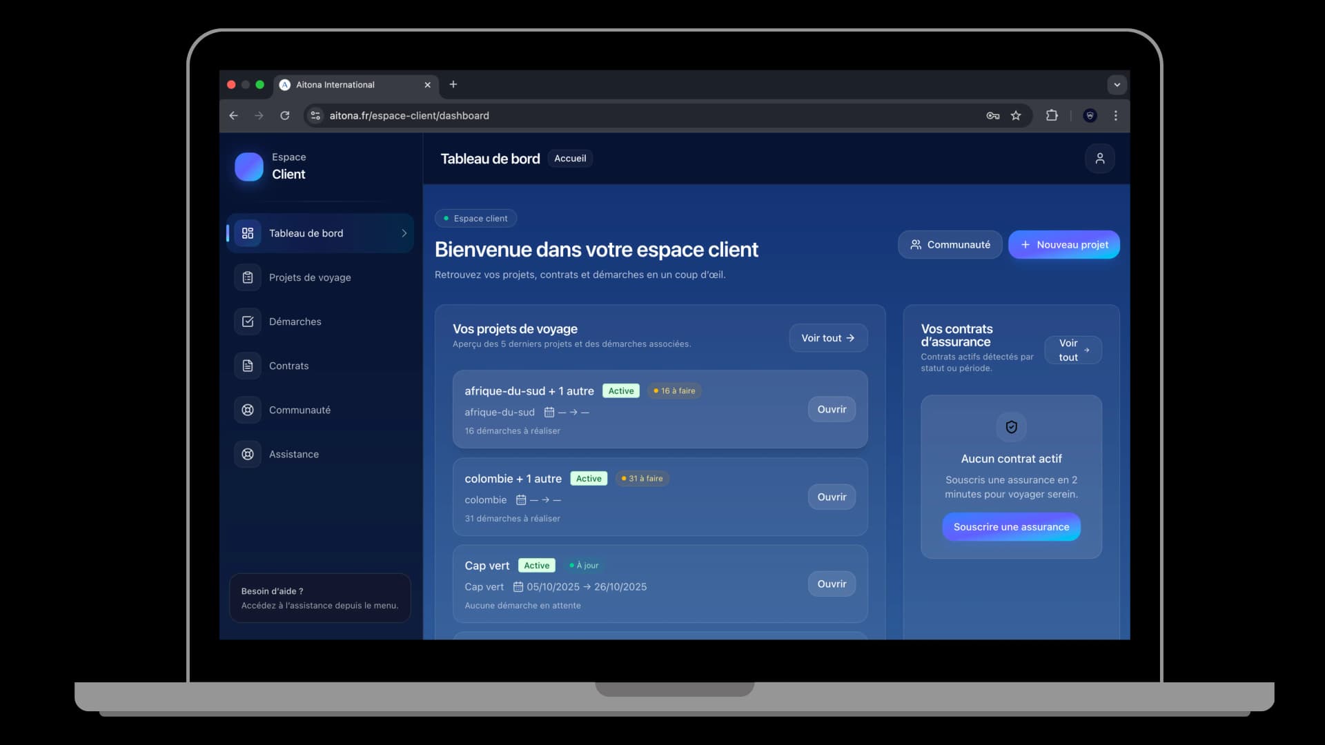 Aperçu desktop de l’espace client